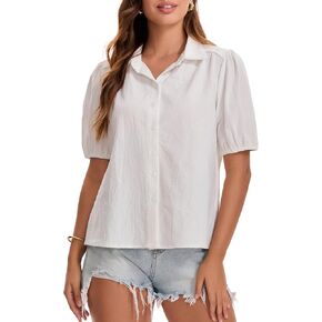 Women's 2026 Summer Button Down Shirts Short Puff Sleeve Collared V Neck Cotton Casual Blouse Tops in Saudi Arabia