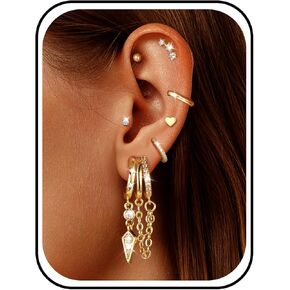 Hypoallergenic Earring Stacks - 14K Gold Plated Surgical Stainless Steel Earring Set for Sensitive Ears - Huggie Dangle Hoops Illusion Claw Chain Earring Pack Multiple Piercing Jewelry Trendy in Saudi Arabia