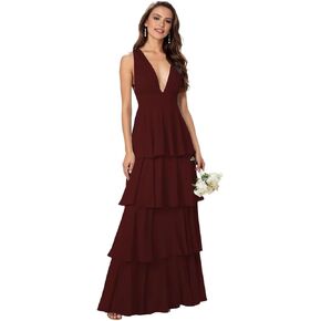 Sleeveless Tiered Bridesmaid Dresses for Women V Neck Chiffon Formal Wedding Guest Dress Long in Kuwait
