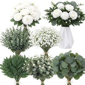Yinder 120 Pcs 7 Kinds Artificial Eucalyptus Stems and Faux Flowers Bulk Mixed Fake Greenery Silver Dollar Eucalyptus Leaves Artificial Baby's Breath Dandelions for Wedding DIY Vase Floral Bouquets in Kuwait