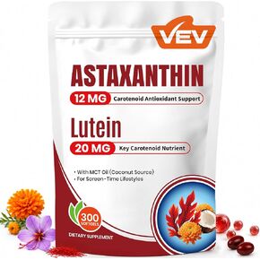 VEV Astaxanthin 12mg & Lutein 20mg Supplements with Saffron Extract, Vitamin E and Zinc, MCT Oil from Coconut, 150 Servings, 300 Softgels in Saudi Arabia