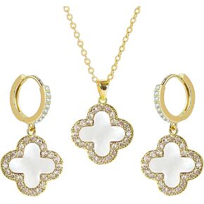 HighSpark Studded Clover Necklace with Studded Hoop Earrings for Women | Designer Jewelry Set for Women | Lovely Gift - White in Saudi Arabia