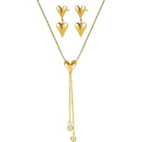 Gold Heart Jewelry Set for Women, Vintage Y Shape Necklace with Double Heart Drop Earrings, 18K Gold Plated Stainless Steel Romantic Jewelry Gift Set for Valentine's Day Anniversary in Saudi Arabia