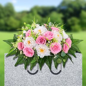 Yastouay Headstone Flower Saddle, Artificial Cemetery Flowers for Grave, Realistic Memorial Day Flowers with Peony Rose, UV Resistant Grave Decorations for Cemetery, Easter Mother’s Day (Pink) in Saudi Arabia