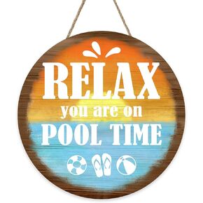 Relax You are on Pool Time Front Door Sign, Beach Swimming Pool Rules Sunset Wooden Hanger Outdoor Patio Home Decor, Coastal Summer Poolside Farmhouse Wreath Indoor Wall Hanging Decoration in Saudi Arabia
