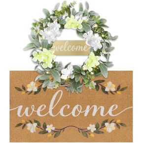 Welcome Mat Wreath Set with LED Front Door Greenery Spring Doormat Wreaths All Season Summer Floral Artificial Decor for Porch Entryway Wall Farmhouse Patio Garden Festival 18 in in Saudi Arabia