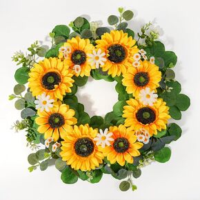 Sunflower Wreath for Front Door 20 Inch Summer Wreath with Daisies and Eucalyptus Leaves for Indoor Outdoor Wall Door Decoration for Home Farmhouse in Saudi Arabia