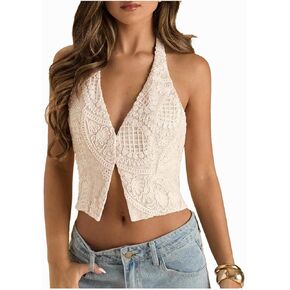 RoseSeek Women's Floral Embroidered Halter Top V Neck Backless Crop Tops Elegant Tops in Saudi Arabia