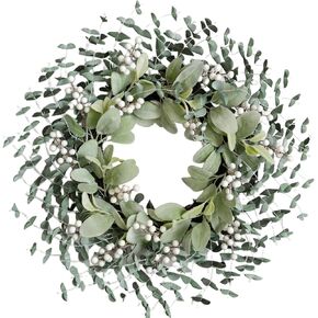 Greenery Leaves Boxwood Wreath for Front Door, 22 Inch Green Wreath with White Berries & Lambs Ear, All Season Wreaths for Indoor Outdoor Home Decor in Saudi Arabia