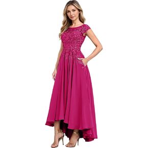 Chiffon Lace Applique Mother of The Bride Dresses A-Line Tea Length Cap Sleeve Wedding Guest Dress with Pockets HX053 in Saudi Arabia