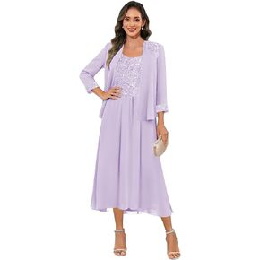 Sequin Mother of The Bride Dresses for Women with Jacket 2 Pieces Tea Length Formal Wedding Guest Dress in Saudi Arabia