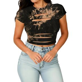 Womens Sexy Cut Out Graphic Crop Top Slim Fit Crewneck Short Sleeve Slim Fit Y2K Shirts Streetwear in Saudi Arabia