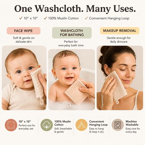 Baby Organic Muslin 100% Cotton Washcloths - 4 Layer Hypoallergenic Saliva Soothe Body Face Towel- aprox 9x9 inch -Newborn Essentials - Boys and Girls (6Pack Random Colors) in Kuwait