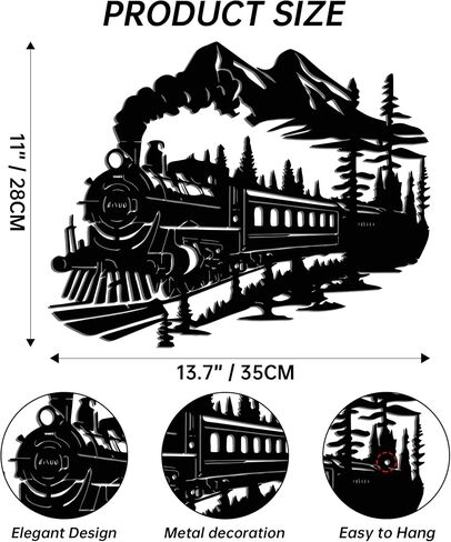 YATEASLU Metal Train Wall Art, Tree and Mountain 13.8x11 inches. Rustproof metal. Detailed train, tree, mountain landscape. For living room, bedroom, porch in Saudi Arabia