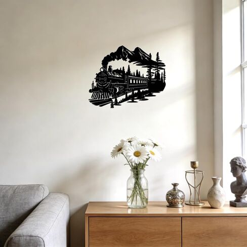 YATEASLU Metal Train Wall Art, Tree and Mountain 13.8x11 inches. Rustproof metal. Detailed train, tree, mountain landscape. For living room, bedroom, porch in Saudi Arabia