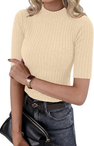 PrinStory Womens Mock Neck Tops Short Sleeve Turtleneck Slim Fit Basic Shirt for Business Casual Work Dressy Wear S-2XL in Kuwait