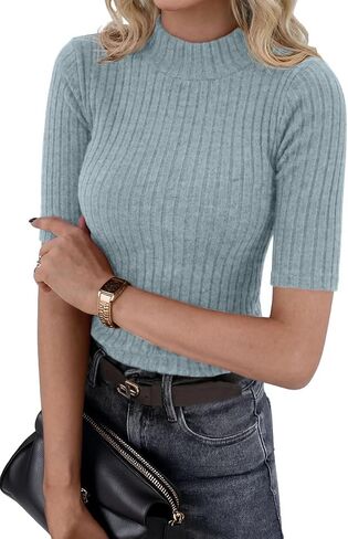 PrinStory Womens Mock Neck Tops Short Sleeve Turtleneck Slim Fit Basic Shirt for Business Casual Work Dressy Wear S-2XL in Kuwait