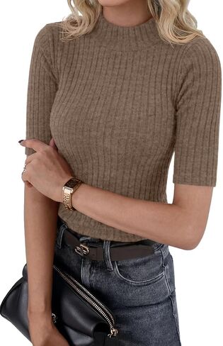 PrinStory Womens Mock Neck Tops Short Sleeve Turtleneck Slim Fit Basic Shirt for Business Casual Work Dressy Wear S-2XL in Kuwait