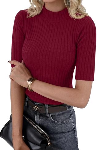 PrinStory Womens Mock Neck Tops Short Sleeve Turtleneck Slim Fit Basic Shirt for Business Casual Work Dressy Wear S-2XL in Kuwait