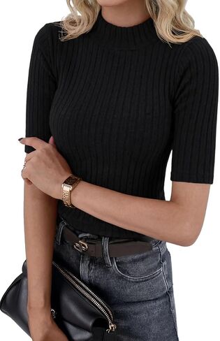 PrinStory Womens Mock Neck Tops Short Sleeve Turtleneck Slim Fit Basic Shirt for Business Casual Work Dressy Wear S-2XL in Kuwait