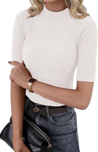 PrinStory Womens Mock Neck Tops Short Sleeve Turtleneck Slim Fit Basic Shirt for Business Casual Work Dressy Wear S-2XL in Kuwait