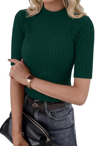 PrinStory Womens Mock Neck Tops Short Sleeve Turtleneck Slim Fit Basic Shirt for Business Casual Work Dressy Wear S-2XL in Kuwait