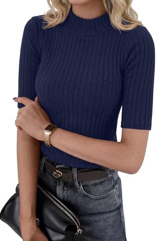 PrinStory Womens Mock Neck Tops Short Sleeve Turtleneck Slim Fit Basic Shirt for Business Casual Work Dressy Wear S-2XL in Kuwait