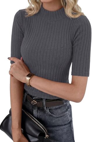 PrinStory Womens Mock Neck Tops Short Sleeve Turtleneck Slim Fit Basic Shirt for Business Casual Work Dressy Wear S-2XL in Kuwait