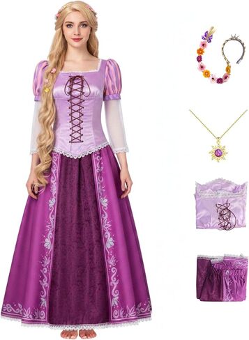 Women’s Rapunzel Costume Princess Dress Purple Lepe Tops Skirt Braided Wig with Necklace Halloween Cosplay Dress up in Kuwait