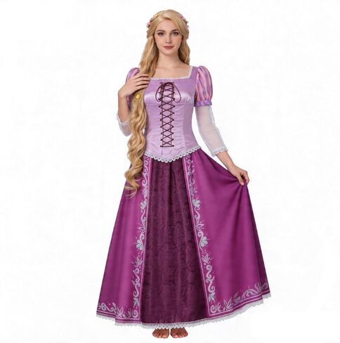 Women’s Rapunzel Costume Princess Dress Purple Lepe Tops Skirt Braided Wig with Necklace Halloween Cosplay Dress up in Kuwait