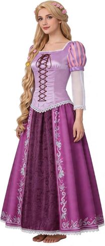 Women’s Rapunzel Costume Princess Dress Purple Lepe Tops Skirt Braided Wig with Necklace Halloween Cosplay Dress up in Kuwait