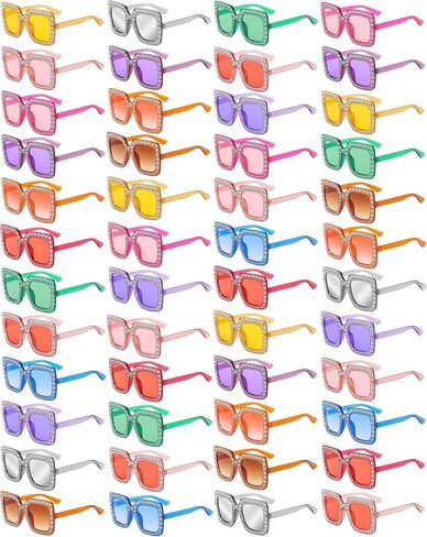 Pibupibu 48 Pack Classic/Glitter 70s Disco Oversized Crystal Sunglasses Bulk Large Square Rhinestone Sunglasses Party Glasses in Kuwait
