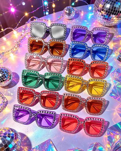 Pibupibu 48 Pack Classic/Glitter 70s Disco Oversized Crystal Sunglasses Bulk Large Square Rhinestone Sunglasses Party Glasses in Kuwait