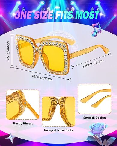 Pibupibu 48 Pack Classic/Glitter 70s Disco Oversized Crystal Sunglasses Bulk Large Square Rhinestone Sunglasses Party Glasses in Kuwait