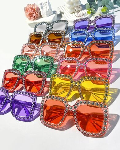 Pibupibu 48 Pack Classic/Glitter 70s Disco Oversized Crystal Sunglasses Bulk Large Square Rhinestone Sunglasses Party Glasses in Kuwait