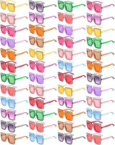 Pibupibu 48 Pack Classic/Glitter 70s Disco Oversized Crystal Sunglasses Bulk Large Square Rhinestone Sunglasses Party Glasses in Kuwait