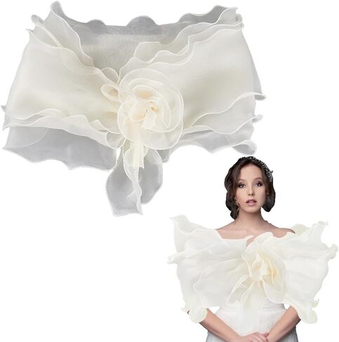 White Chiffon Shawl Wrap Ruffle Trimming Vintage Sheer Silk Fabric Cape Pleated Wave Floral Edging Detachable Soft Collar for Wedding Bridal Decoration Women Party Birthday Dresses Clothes in Kuwait