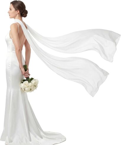 Bridal Neck Scarf Long, 118'' Wedding Chiffon White Shawl, Minimalist Tulle Chiffon Scarf, Bride Neck Shawl for Wedding Evening Ceremony in Saudi Arabia