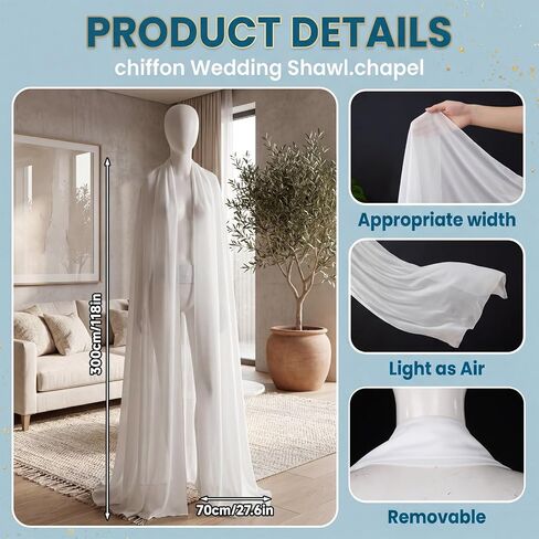 Bridal Neck Scarf Long, 118'' Wedding Chiffon White Shawl, Minimalist Tulle Chiffon Scarf, Bride Neck Shawl for Wedding Evening Ceremony in Saudi Arabia