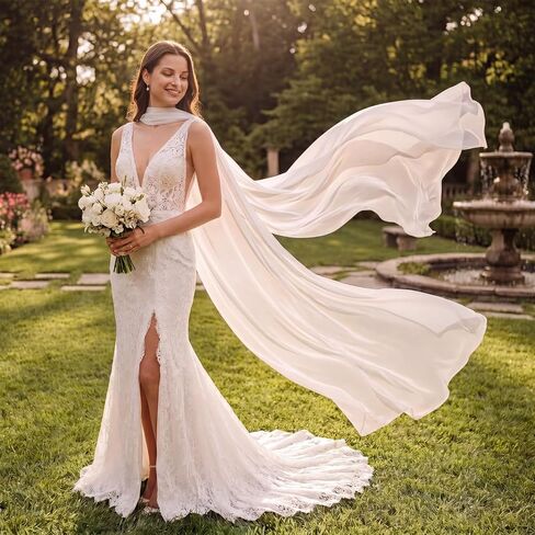 Bridal Neck Scarf Long, 118'' Wedding Chiffon White Shawl, Minimalist Tulle Chiffon Scarf, Bride Neck Shawl for Wedding Evening Ceremony in Saudi Arabia
