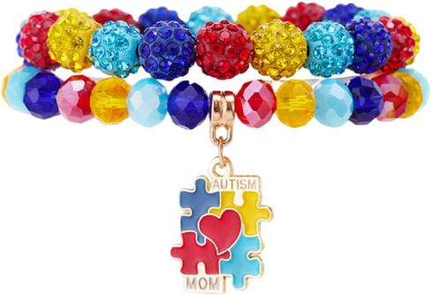 Caiyao Colorful Autism Awareness Elastic Bracelets Multilayer Ribbon Love Heart Puzzle Cross Crystal Glass Beaded Stackable Bracelet for Women Men Autism Teacher Friend Yoga Meditation Jewelry Gifts in Kuwait