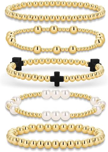 Gold Beaded Bracelets Pearl Cross Bracelet Stack Cute Stackable Christian Bracelet Set Boho Beach Summer Jewelry for Women in Kuwait