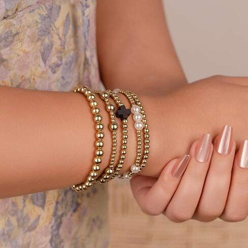 Gold Beaded Bracelets Pearl Cross Bracelet Stack Cute Stackable Christian Bracelet Set Boho Beach Summer Jewelry for Women in Kuwait