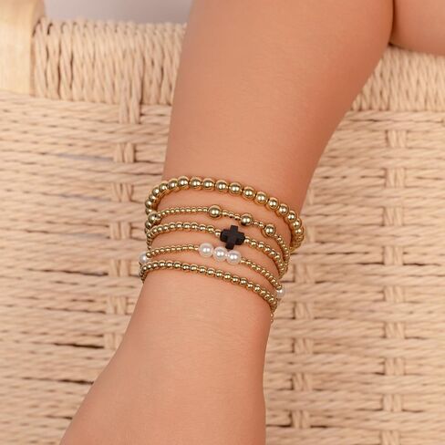 Gold Beaded Bracelets Pearl Cross Bracelet Stack Cute Stackable Christian Bracelet Set Boho Beach Summer Jewelry for Women in Kuwait
