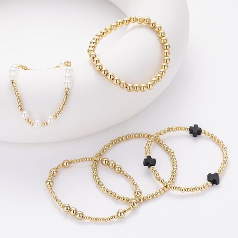 Gold Beaded Bracelets Pearl Cross Bracelet Stack Cute Stackable Christian Bracelet Set Boho Beach Summer Jewelry for Women in Kuwait