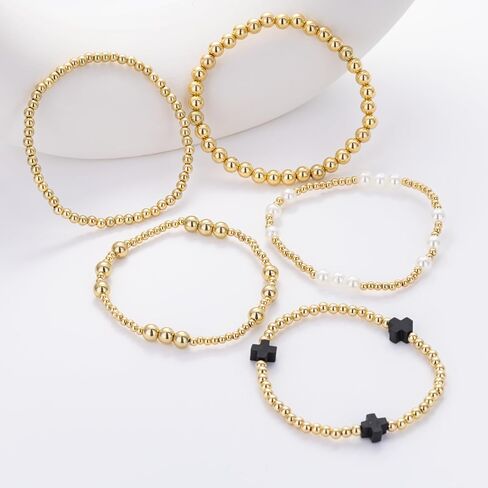 Gold Beaded Bracelets Pearl Cross Bracelet Stack Cute Stackable Christian Bracelet Set Boho Beach Summer Jewelry for Women in Kuwait