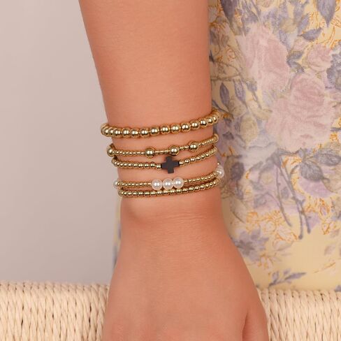 Gold Beaded Bracelets Pearl Cross Bracelet Stack Cute Stackable Christian Bracelet Set Boho Beach Summer Jewelry for Women in Kuwait
