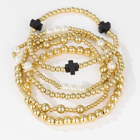 Gold Beaded Bracelets Pearl Cross Bracelet Stack Cute Stackable Christian Bracelet Set Boho Beach Summer Jewelry for Women in Kuwait