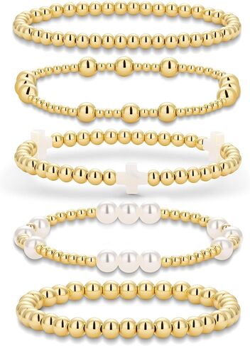 Gold Beaded Bracelets Pearl Cross Bracelet Stack Cute Stackable Christian Bracelet Set Boho Beach Summer Jewelry for Women in Kuwait