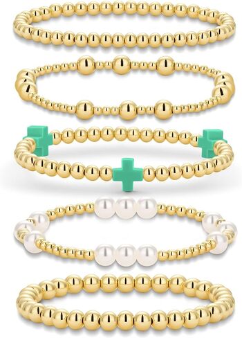 Gold Beaded Bracelets Pearl Cross Bracelet Stack Cute Stackable Christian Bracelet Set Boho Beach Summer Jewelry for Women in Kuwait